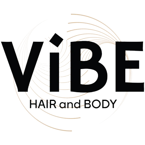 Logo for "ViBE HAIR and BODY" features bold black text over a circular, abstract swirl design in the background, perfect for a modern Winter Haven vibe.